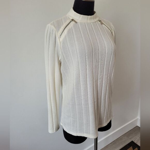 Adrienne Vittadini Cream Lightweight Sweater Semi Sheer Ribbed Old Money Medium - Picture 2 of 10